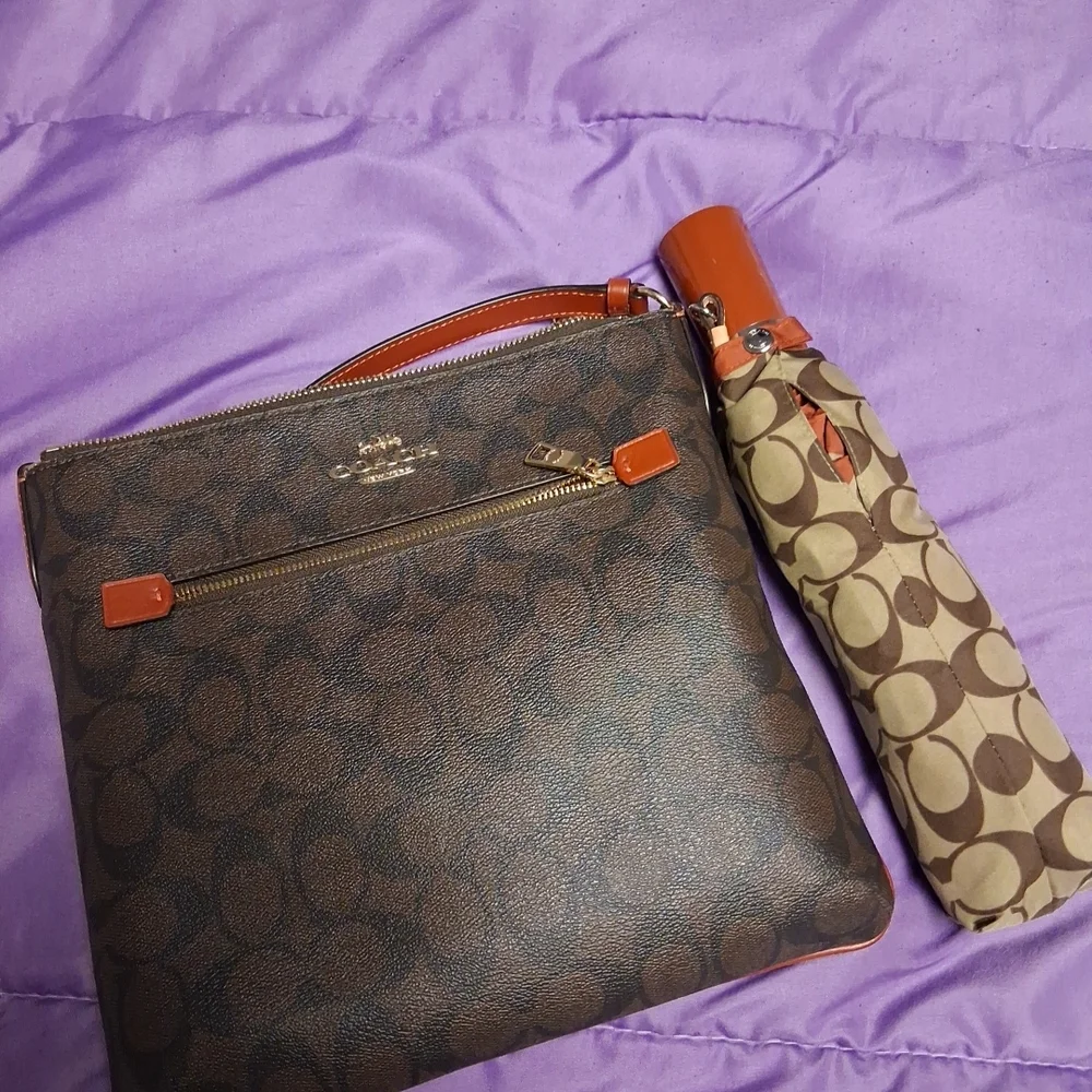 Coach Brown Signature Crossbody Bag & Umbrella - Picture 2 of 3